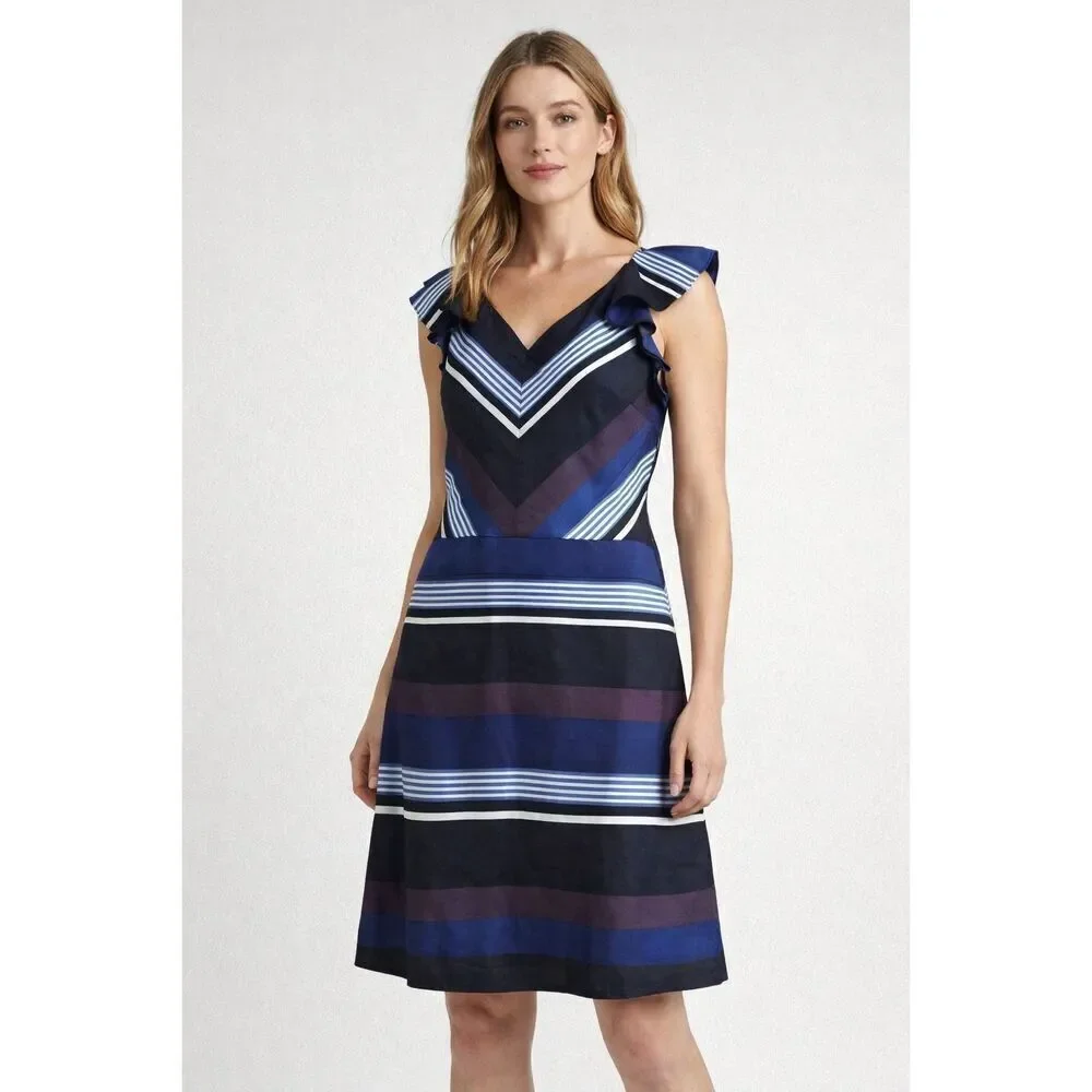 BANANA REPUBLIC  Striped Ruffle Lined 100% Silk A-Line Dress Size 6